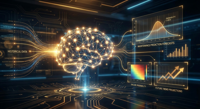 AI-powered predictive analytics showing machine learning model processing historical data to generate maintenance predictions