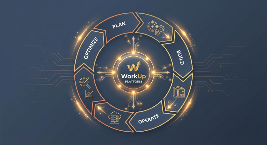 Integrated asset lifecycle showing Plan, Build, Operate, and Optimize stages connected through WorkUp platform