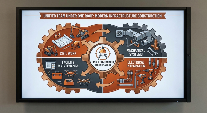 Multi-trade integration showing Civil, Mechanical, Electrical, and Maintenance capabilities under single contractor