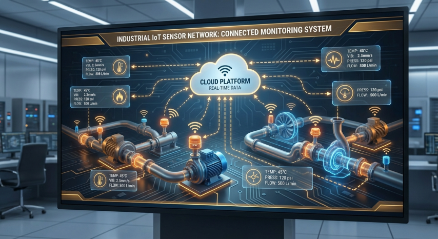 IoT sensor network showing real-time monitoring with temperature, vibration, pressure, and flow sensors connected to cloud platform
