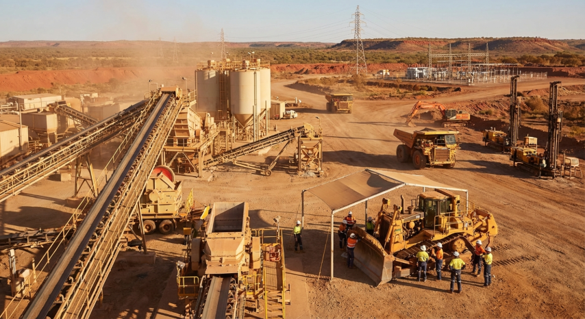 Mining site operations showing processing plant, power infrastructure, mobile equipment, and maintenance capabilities