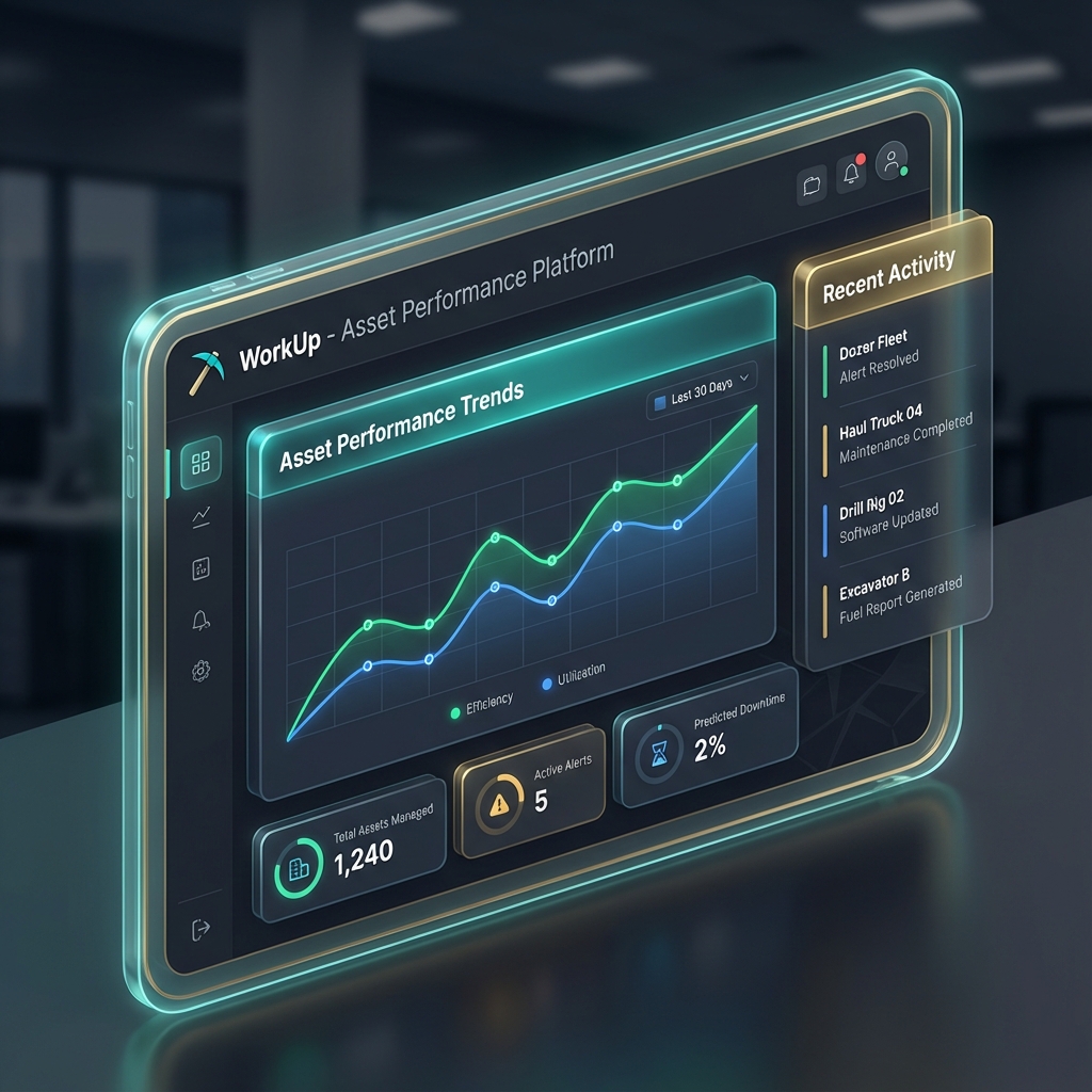 WorkUp Platform Dashboard showing asset health metrics, performance trends, and activity feed