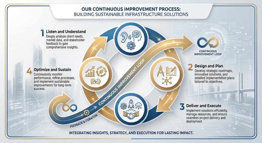 Four-step process: Listen & Understand, Design & Plan, Deliver & Execute, Optimize & Sustain with continuous improvement loop